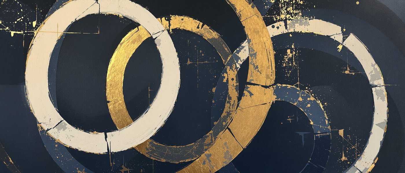 Anéis e arcos concêntricos em ouro sobre azul-noite.