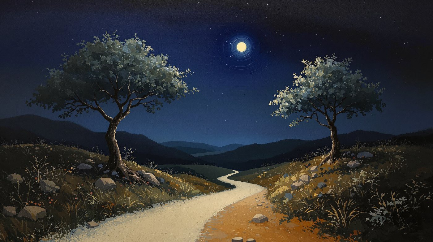 Um caminho que se bifurca à noite, sob uma estrela.