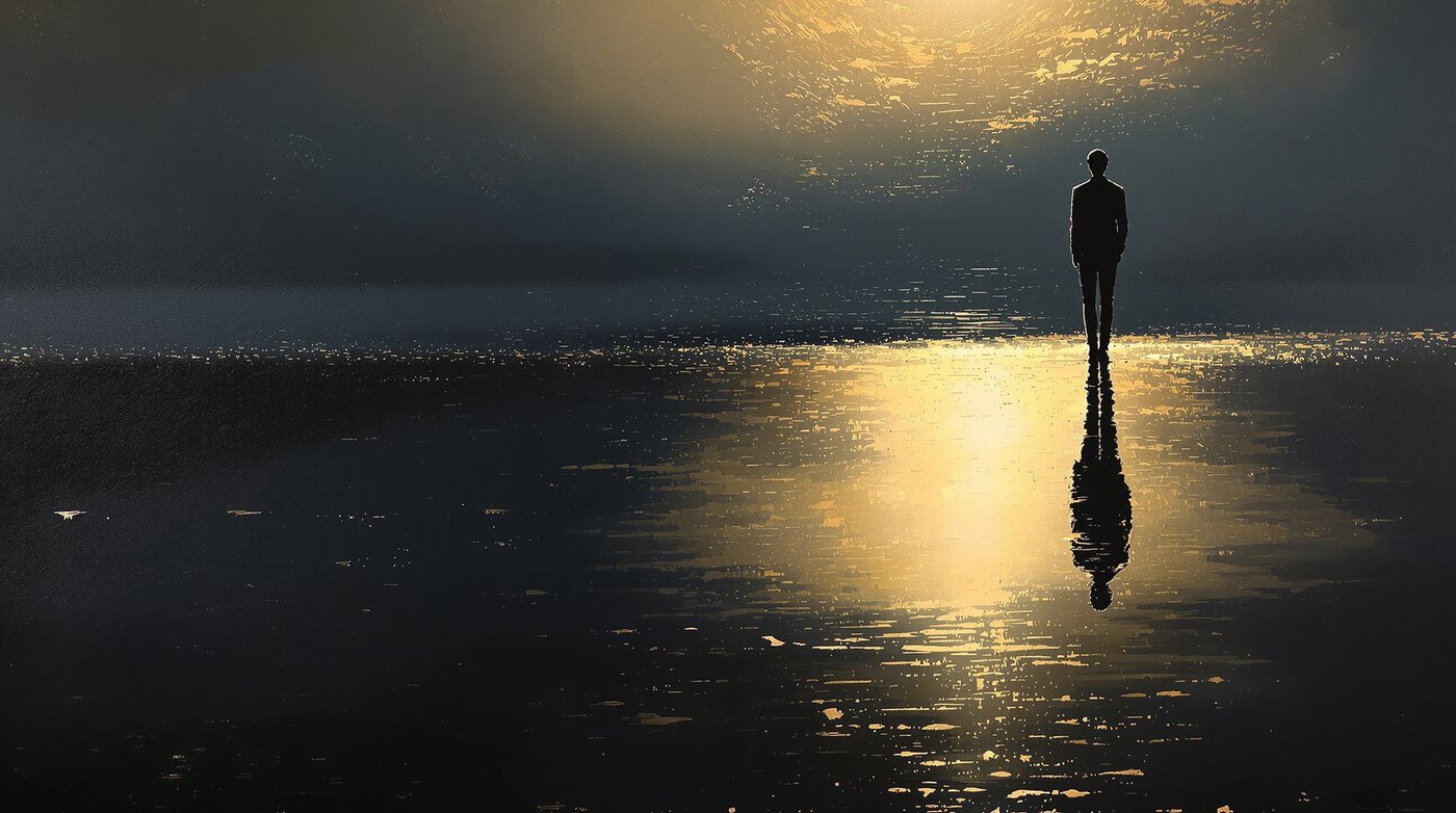 Um vulto e seu reflexo em água escura, com posturas diferentes.